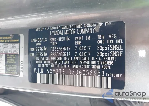 2013 Hyundai Santa Fe Sport z USA, uszkodzony, nr VIN 5XYZT3LB5DG053953